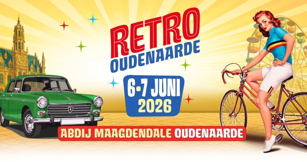 Retro Oudenaarde · 6 & 7 Juni 2026 · Abdijsite Maagdendale, Oudenaarde Eerste Editie · Gratis toegang voor het publiek Het enige festival ter wereld waar Elvis en Eddy Merckx samen op kasseien feesten.